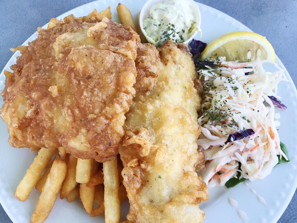 Fried fish and chips and cole slaw from Shaw's Landing in Nova Scotia.