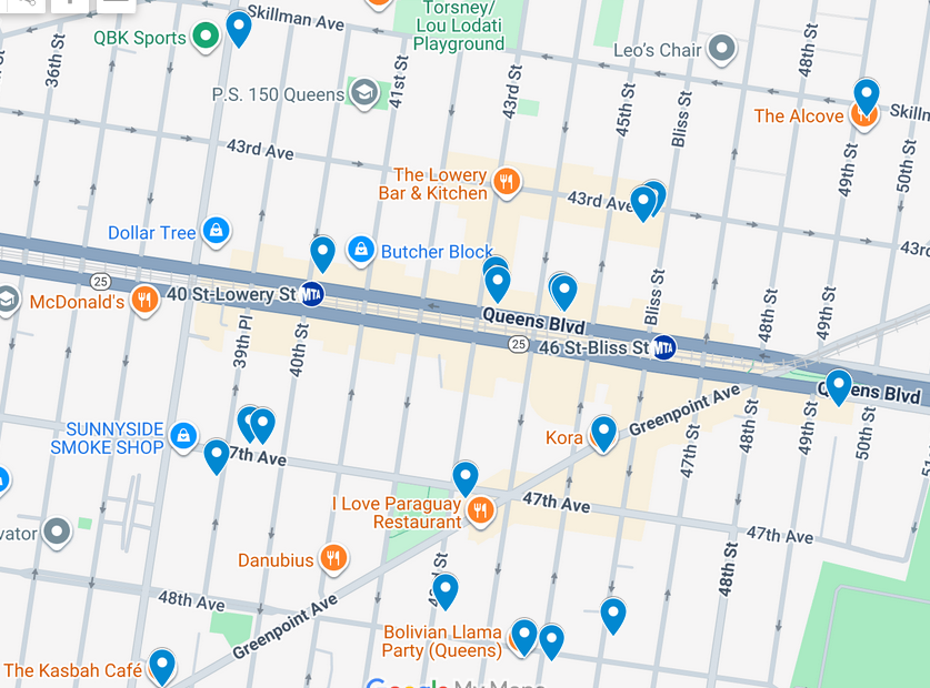 Sunnyside map showing some highlights for the 2025 Taste of Sunnyside restaurant crawl in Queens.