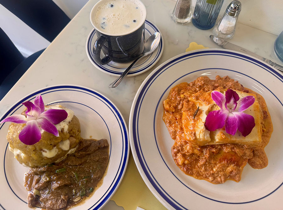 A plate of Ecuadorian bolon, a cup of milky-sweet morocho, and a plate of lasagna at Floribella, a restaurant in Sunnyside, Queens, where the cuisines of Ecuador and Italy meet.