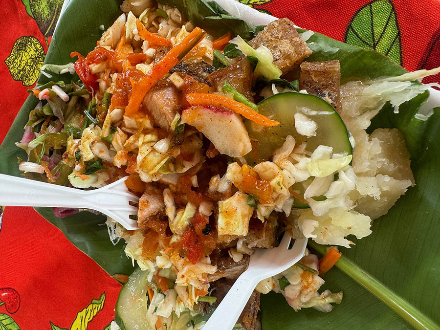 Boiled yuca and chicharron, a popular local dish, in Nahuizalco, El Salvador