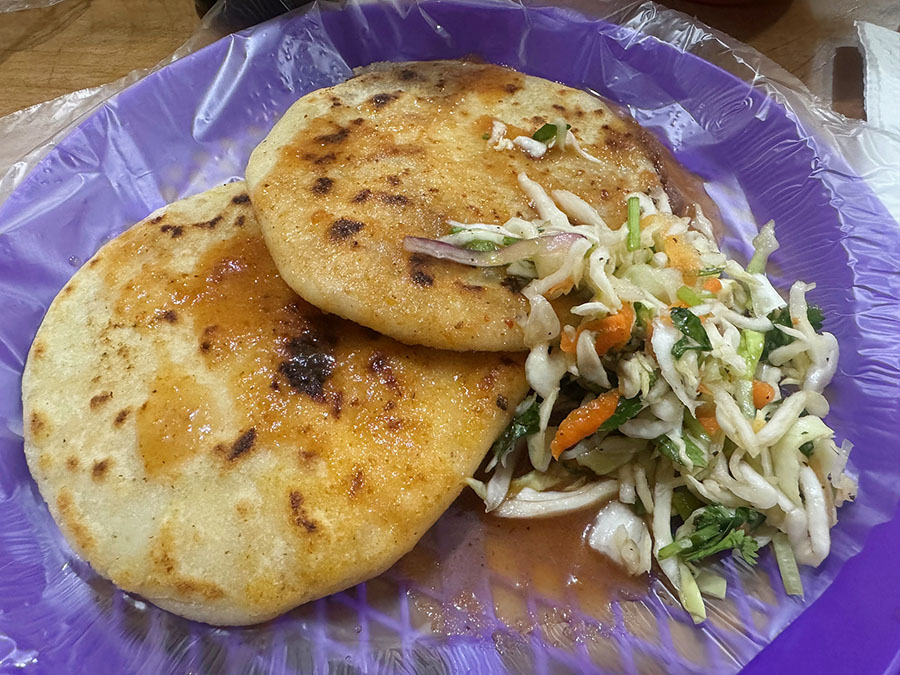 Pupusas, or Salvador stuffed corn cakes, from a restaurant in Juayua, El Salvador. 